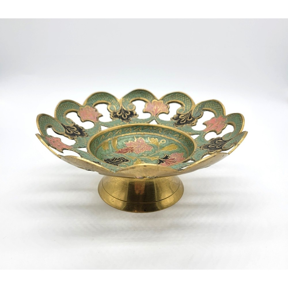 Solid brass pedestal bowl enamel filigree painted scalloped trinket dish